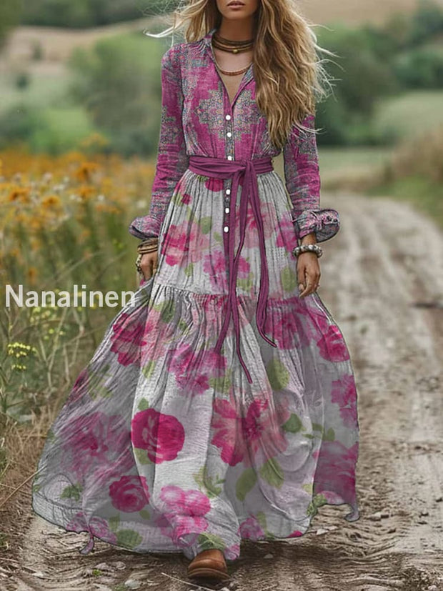 Retro Boho Floral Art Print Vintage Chic V-Neck Belt Elegan Long Sleeve Midi Dress A / S