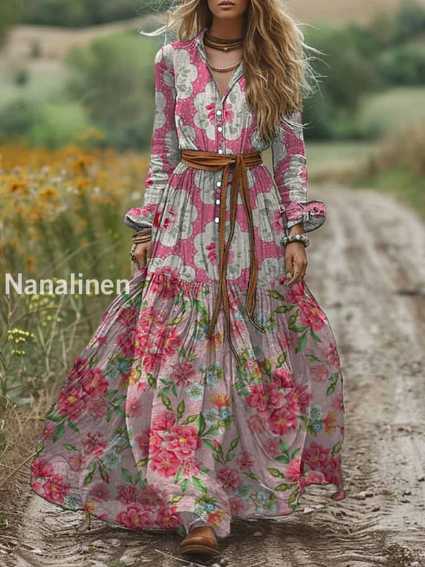 Retro Boho Floral Art Print Vintage Chic V-Neck Button Belt Long Sleeve Midi Dress A / S