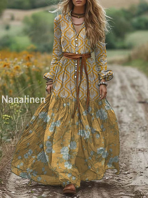 Retro Boho Floral Art Print Vintage Chic V-Neck Button Belt Long Sleeve Midi Dress A / S