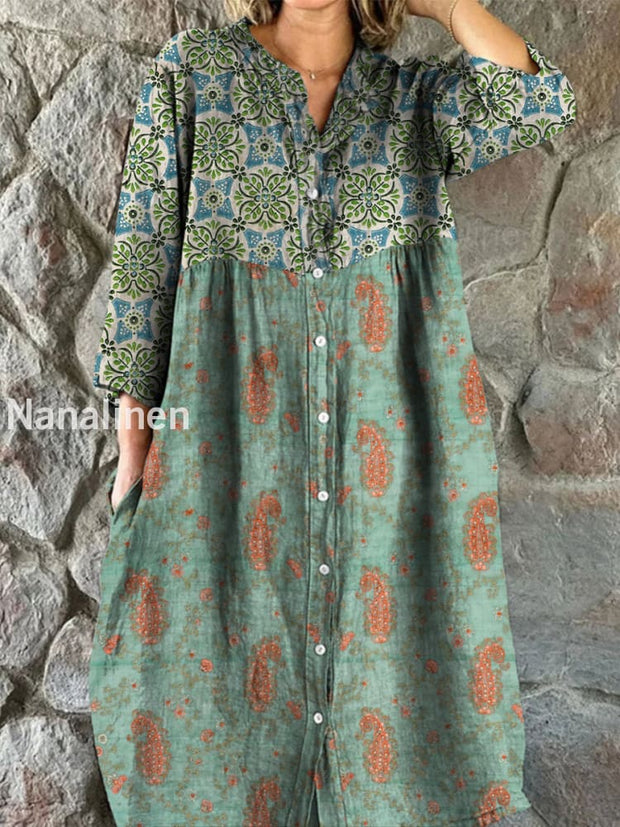 Retro Boho Floral Art Print Vintage Chic V-Neck Button Up Long Sleeve Midi Dress A / S