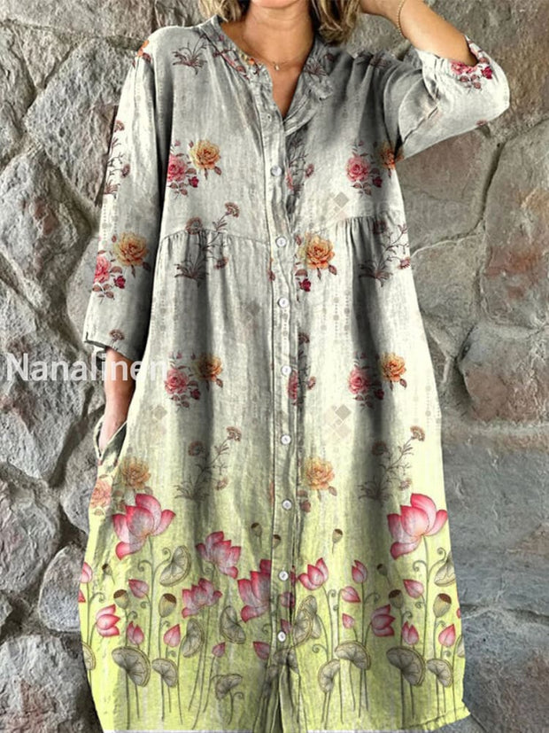 Retro Boho Floral Art Print Vintage Chic V-Neck Button Up Long Sleeve Midi Dress A / S