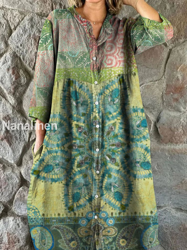 Retro Boho Floral Art Print Vintage Chic V-Neck Button Up Long Sleeve Midi Dress A / S