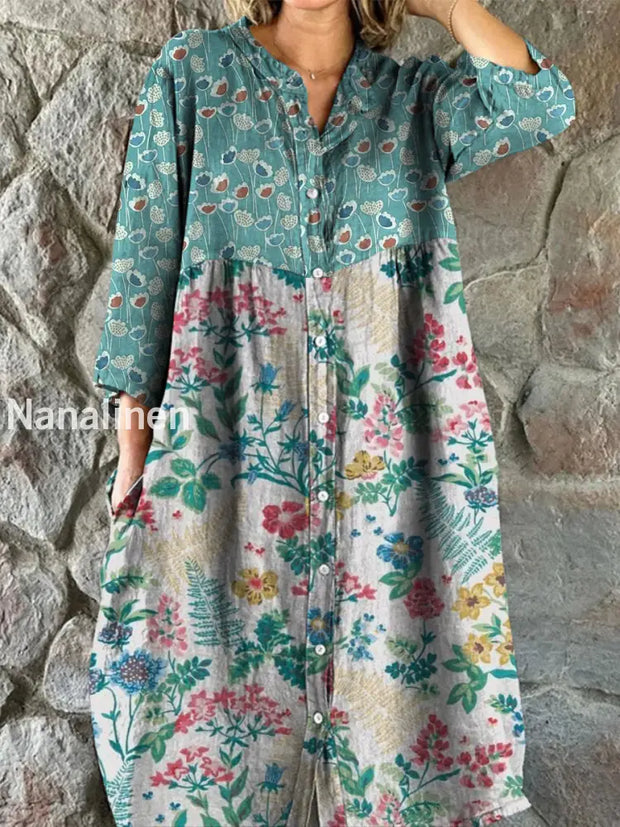 Retro Boho Floral Art Print Vintage Chic V-Neck Button Up Long Sleeve Midi Dress A / S