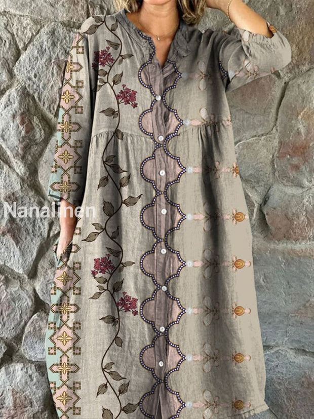 Retro Boho Floral Art Print Vintage Chic V-Neck Button Up Long Sleeve Midi Dress A / S