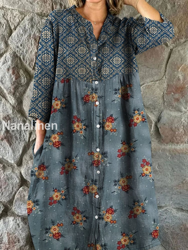 Retro Boho Floral Art Print Vintage Chic V-Neck Button Up Long Sleeve Midi Dress A / S