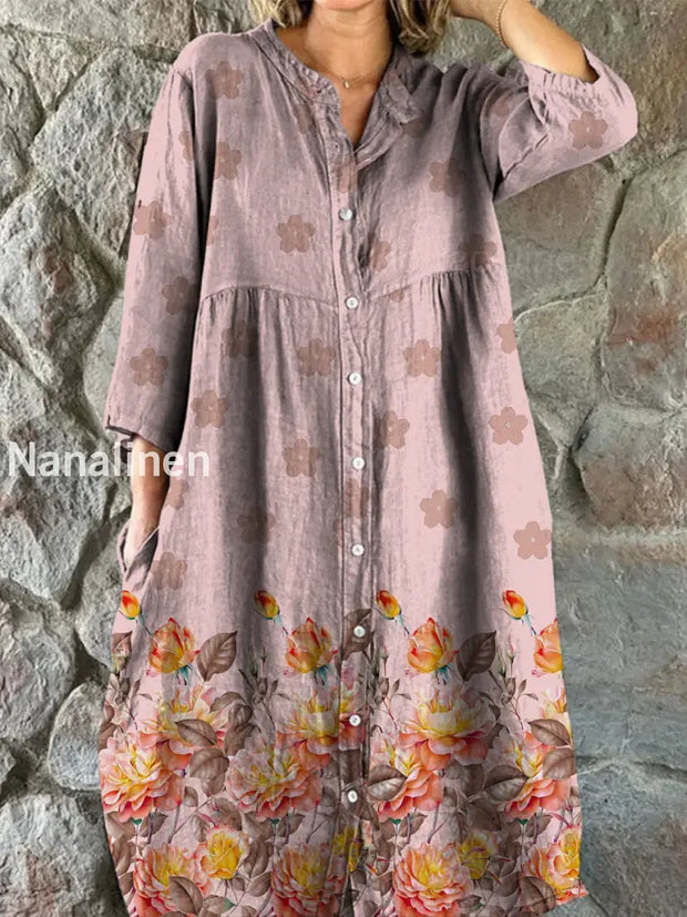 Retro Boho Floral Art Print Vintage Chic V-Neck Button Up Long Sleeve Midi Dress A / S