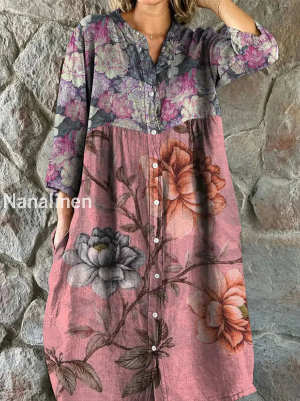 Retro Boho Floral Art Print Vintage Chic V-Neck Button Up Long Sleeve Midi Dress A / S