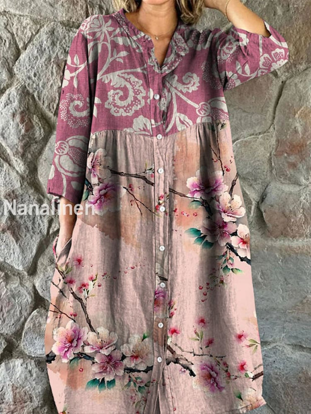 Retro Boho Floral Art Print Vintage Chic V-Neck Button Up Long Sleeve Midi Dress A / S