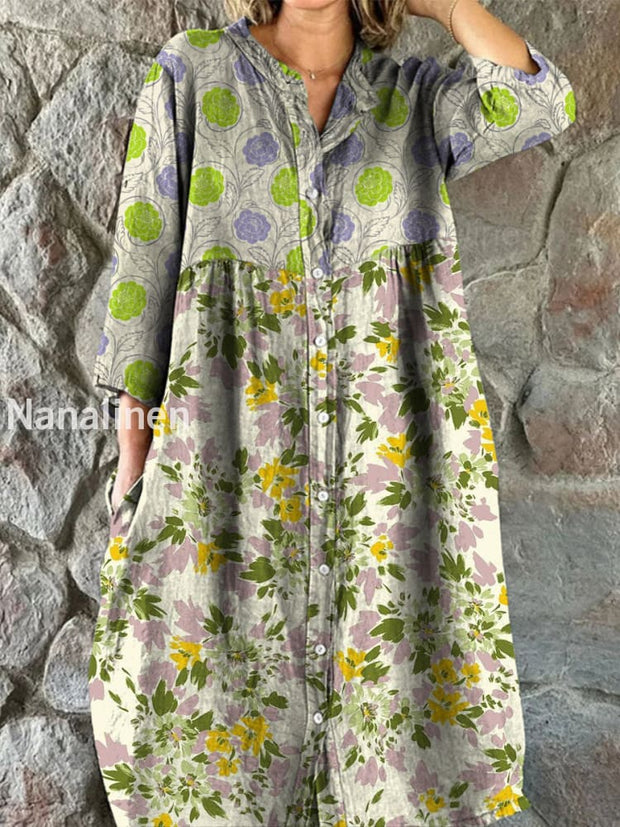 Retro Boho Floral Art Print Vintage Chic V-Neck Button Up Long Sleeve Midi Dress A / S