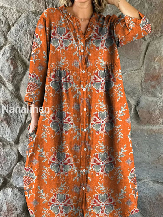 Retro Boho Floral Art Print Vintage Chic V-Neck Button Up Long Sleeve Midi Dress A / S