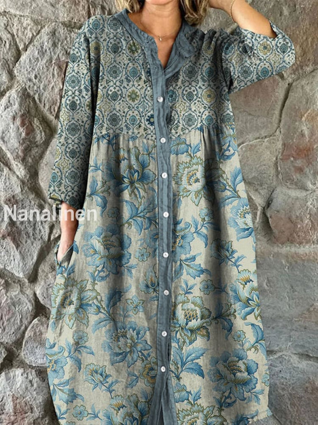 Retro Boho Floral Art Print Vintage Chic V-Neck Button Up Long Sleeve Midi Dress A / S