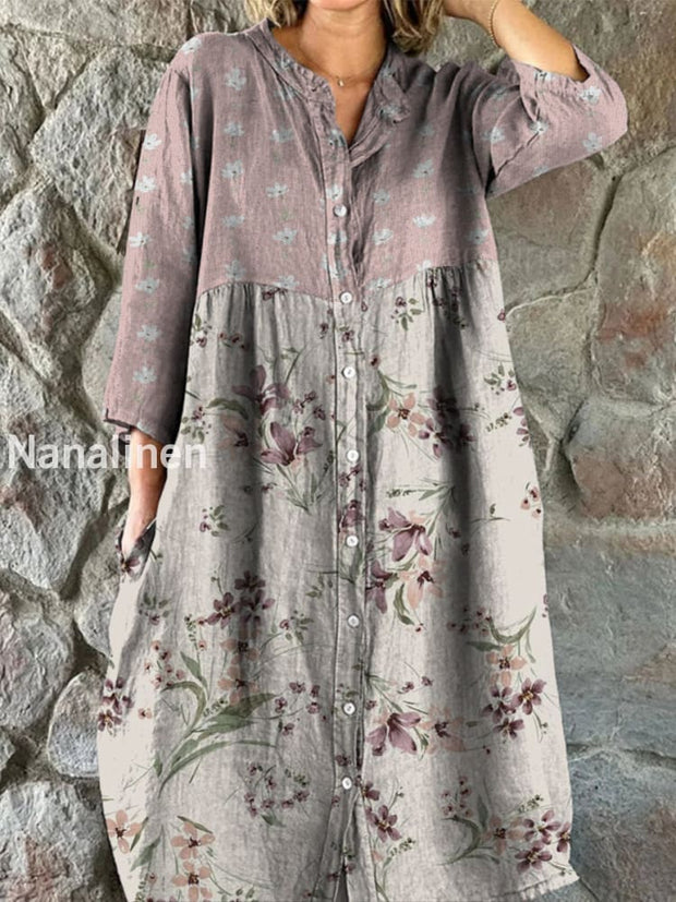 Retro Boho Floral Art Print Vintage Chic V-Neck Button Up Long Sleeve Midi Dress A / S