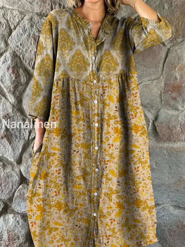 Retro Boho Floral Art Print Vintage Chic V-Neck Button Up Long Sleeve Midi Dress A / S