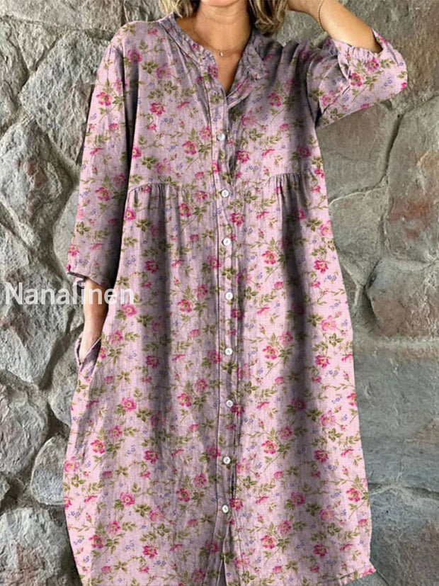 Retro Boho Floral Art Print Vintage Chic V-Neck Button Up Long Sleeve Midi Dress A / S