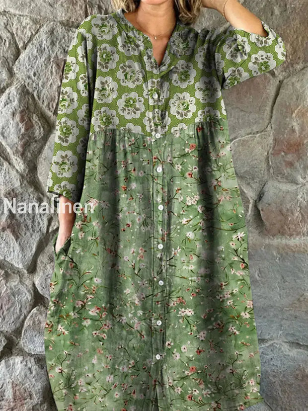 Retro Boho Floral Art Print Vintage Chic V-Neck Button Up Long Sleeve Midi Dress A / S