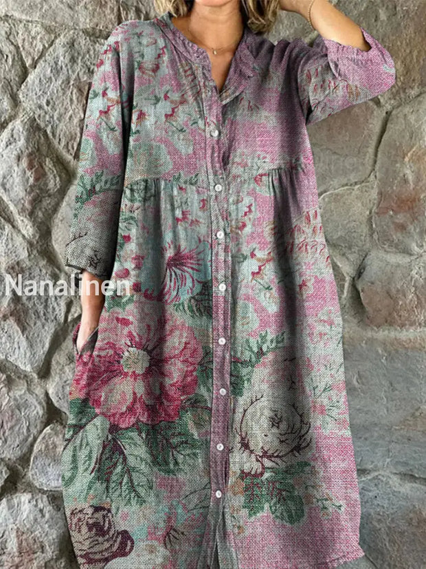 Retro Boho Floral Art Print Vintage Chic V-Neck Button Up Long Sleeve Midi Dress A / S