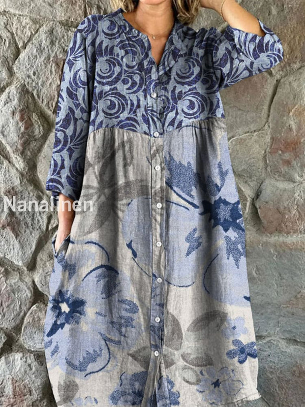 Retro Boho Floral Art Print Vintage Chic V-Neck Button Up Long Sleeve Midi Dress A / S