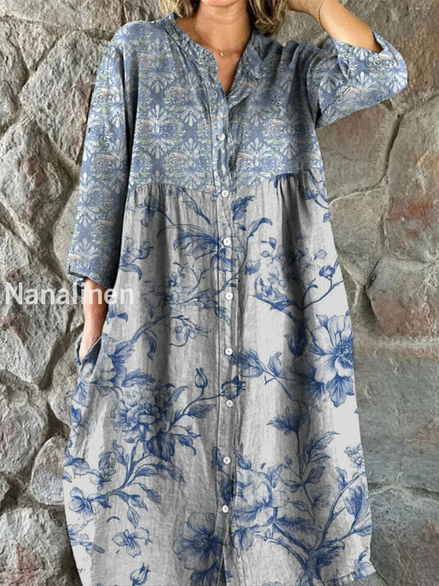 Retro Boho Floral Art Print Vintage Chic V-Neck Button Up Long Sleeve Midi Dress A / S