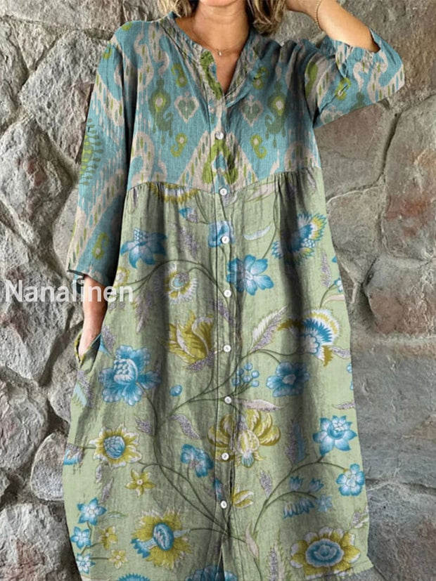 Retro Boho Floral Art Print Vintage Chic V-Neck Button Up Long Sleeve Midi Dress A / S