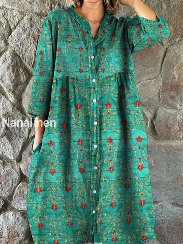 Retro Boho Floral Art Print Vintage Chic V-Neck Button Up Long Sleeve Midi Dress A / S