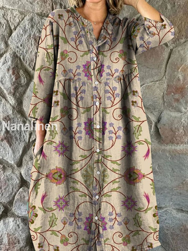 Retro Boho Floral Art Print Vintage Chic V-Neck Button Up Long Sleeve Midi Dress A / S