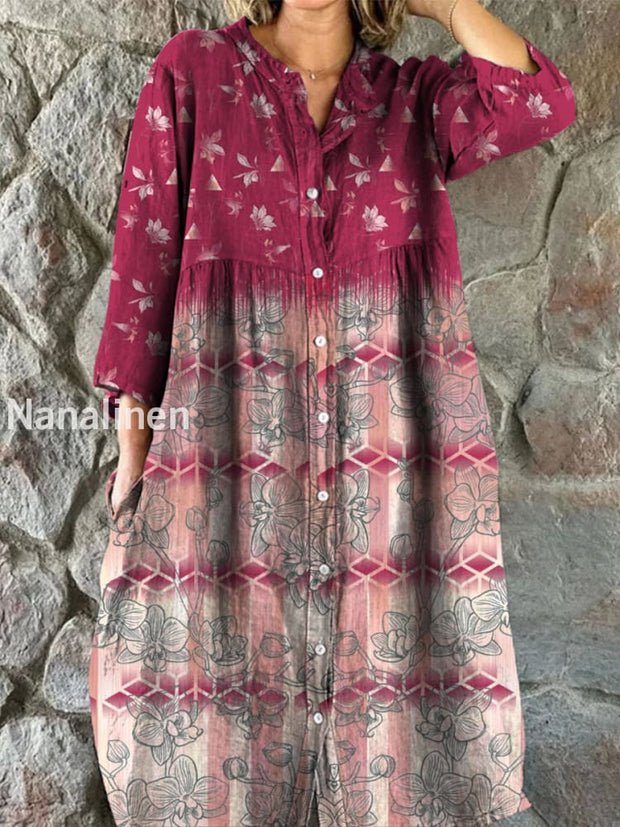 Retro Boho Floral Art Print Vintage Chic V-Neck Button Up Long Sleeve Midi Dress A / S