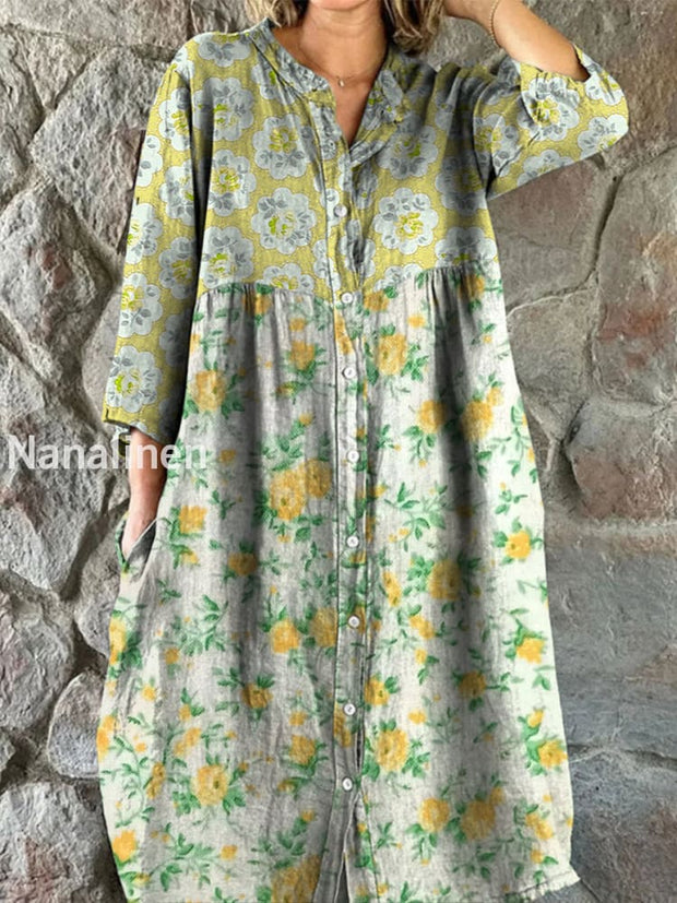 Retro Boho Floral Art Print Vintage Chic V-Neck Button Up Long Sleeve Midi Dress A / S