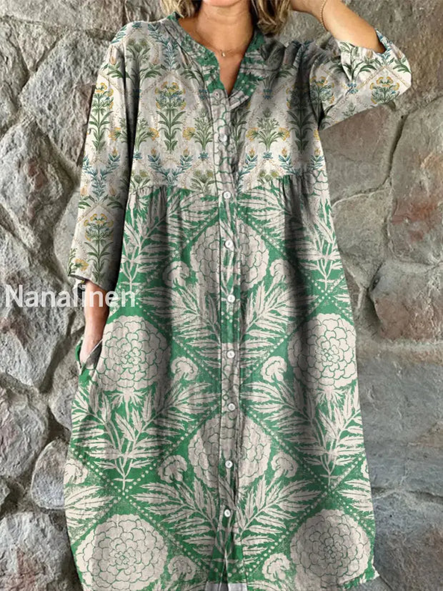 Retro Boho Floral Art Print Vintage Chic V-Neck Button Up Long Sleeve Midi Dress A / S