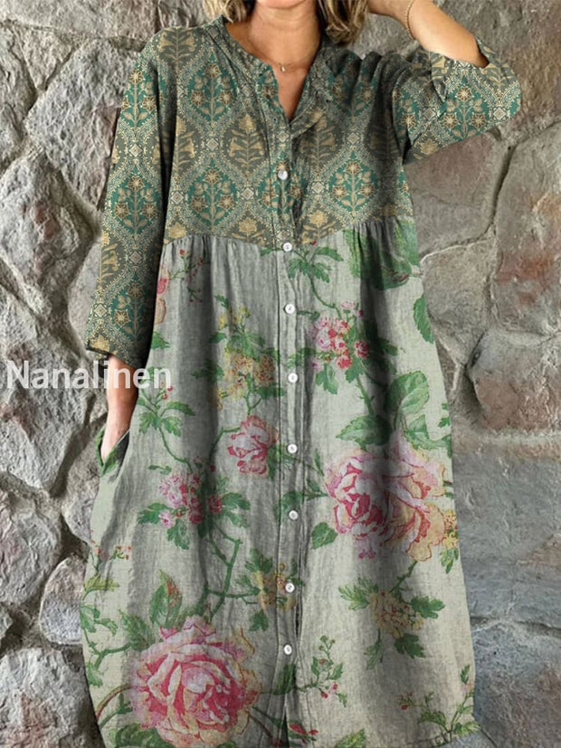 Retro Boho Floral Art Print Vintage Chic V-Neck Button Up Long Sleeve Midi Dress A / S