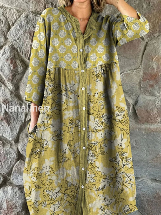 Retro Boho Floral Art Print Vintage Chic V-Neck Button Up Long Sleeve Midi Dress A / S