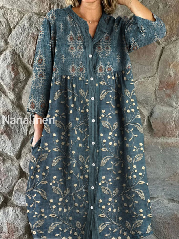 Retro Boho Floral Art Print Vintage Chic V-Neck Button Up Long Sleeve Midi Dress A / S