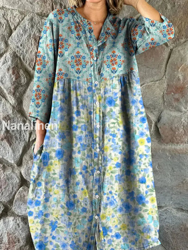 Retro Boho Floral Art Print Vintage Chic V-Neck Button Up Long Sleeve Midi Dress A / S