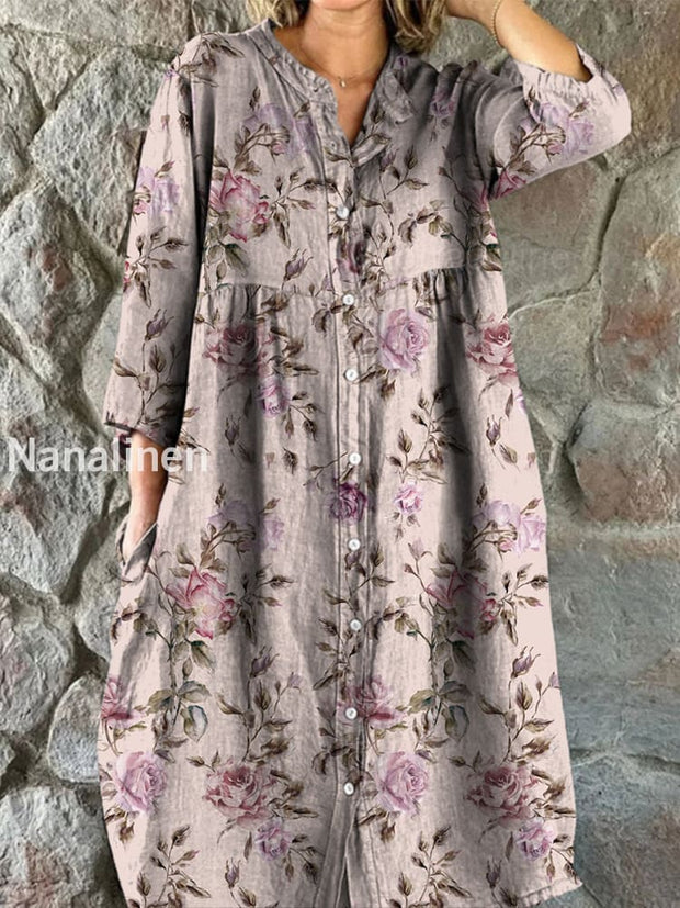 Retro Boho Floral Art Print Vintage Chic V-Neck Button Up Long Sleeve Midi Dress A / S