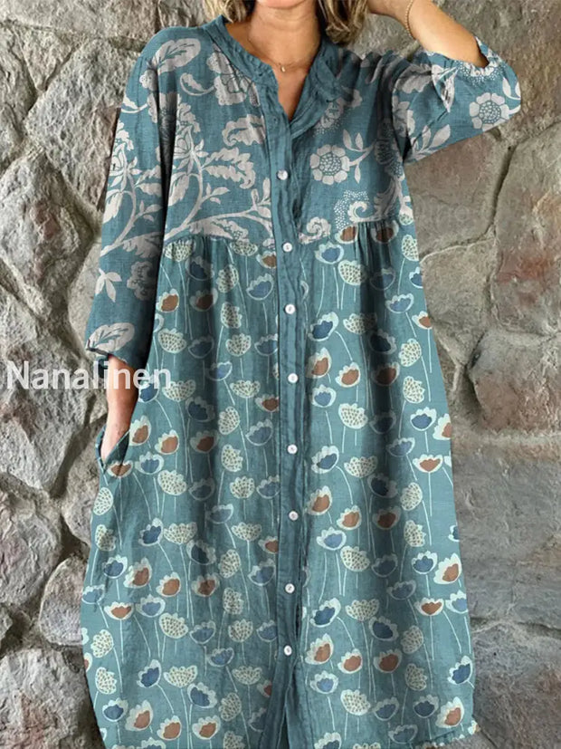 Retro Boho Floral Art Print Vintage Chic V-Neck Button Up Long Sleeve Midi Dress A / S