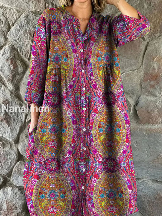 Retro Boho Floral Art Print Vintage Chic V-Neck Button Up Long Sleeve Midi Dress A / S