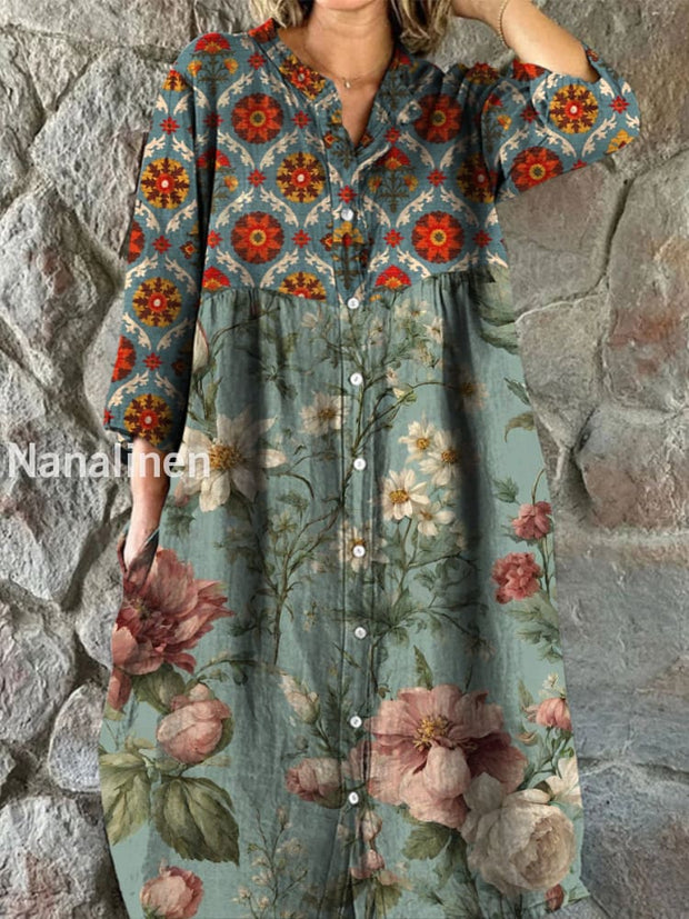 Retro Boho Floral Art Print Vintage Chic V-Neck Button Up Long Sleeve Midi Dress A / S