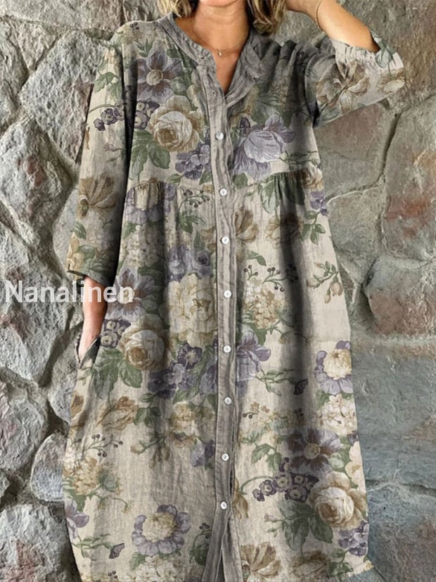 Retro Boho Floral Art Print Vintage Chic V-Neck Button Up Long Sleeve Midi Dress A / S