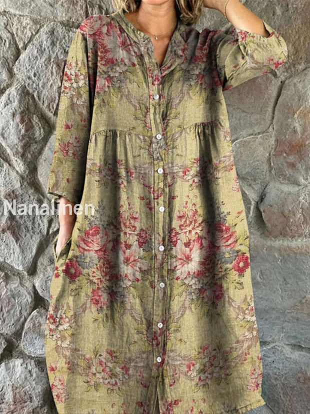 Retro Boho Floral Art Print Vintage Chic V-Neck Button Up Long Sleeve Midi Dress A / S