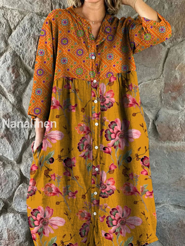 Retro Boho Floral Art Print Vintage Chic V-Neck Button Up Long Sleeve Midi Dress A / S