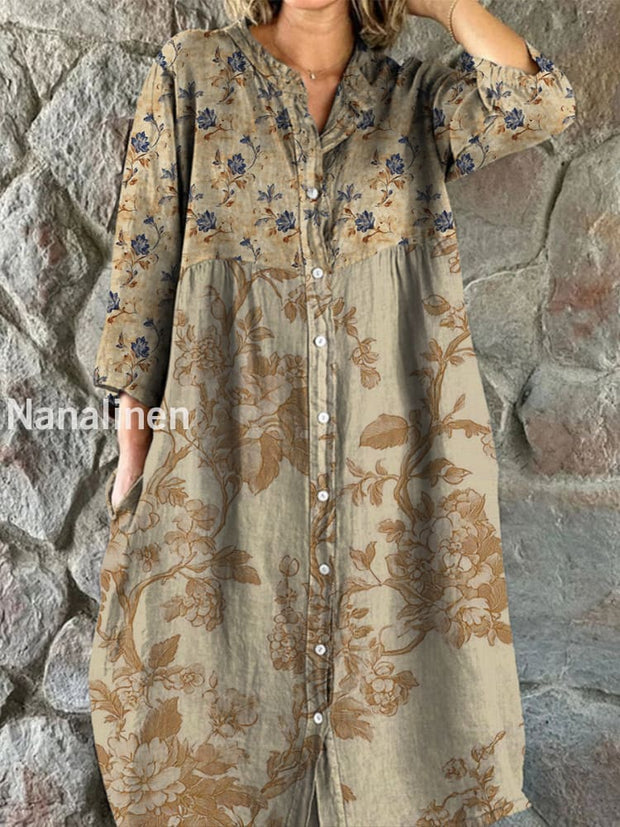 Retro Boho Floral Art Print Vintage Chic V-Neck Button Up Long Sleeve Midi Dress A / S