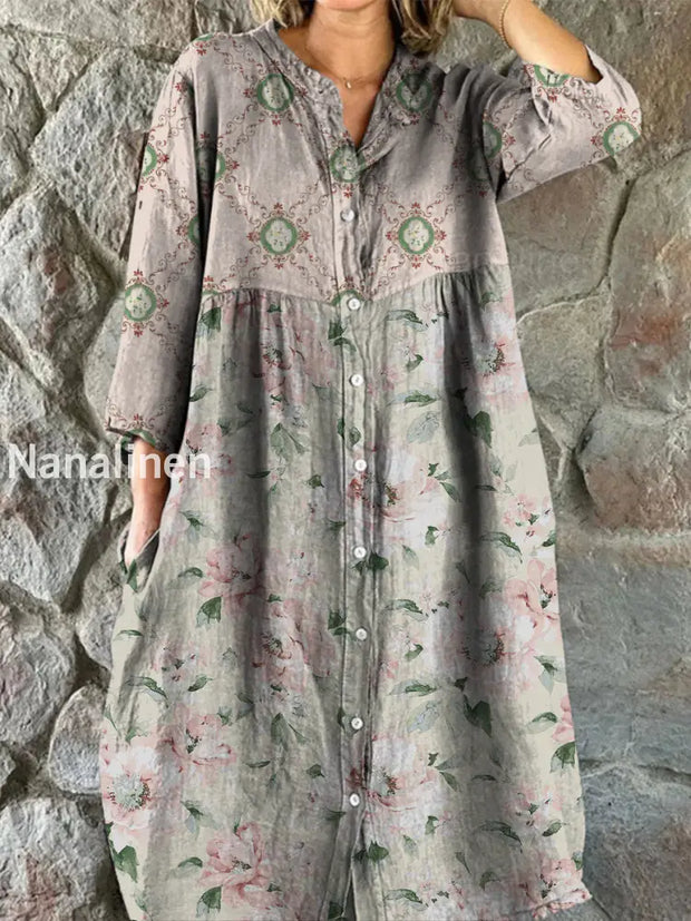 Retro Boho Floral Art Print Vintage Chic V-Neck Button Up Long Sleeve Midi Dress A / S