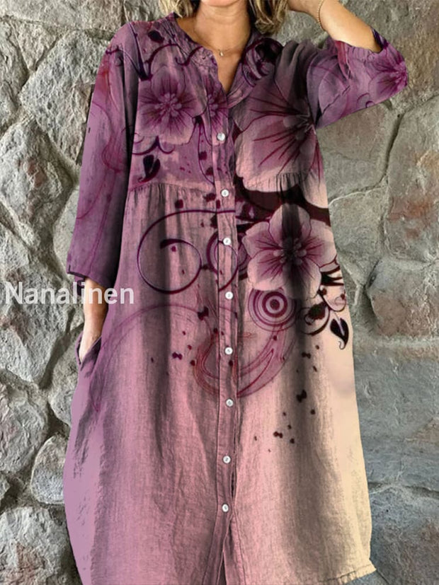 Retro Boho Floral Art Print Vintage Chic V-Neck Button Up Long Sleeve Midi Dress A / S