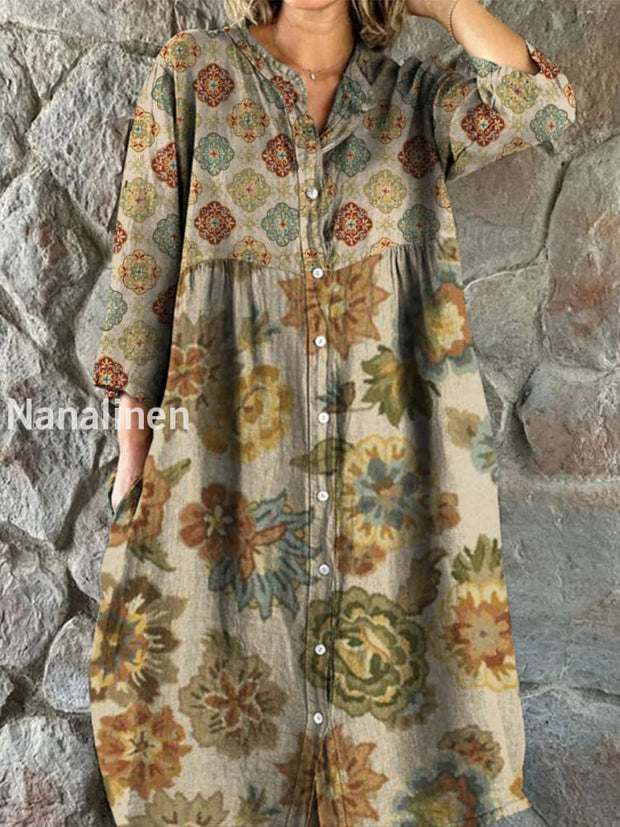 Retro Boho Floral Art Print Vintage Chic V-Neck Button Up Long Sleeve Midi Dress A / S