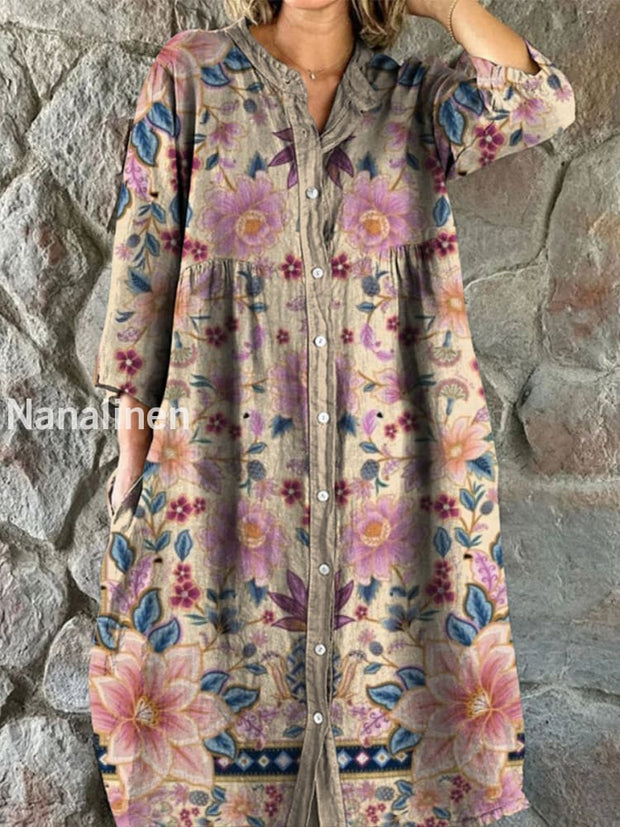 Retro Boho Floral Art Print Vintage Chic V-Neck Button Up Long Sleeve Midi Dress A / S