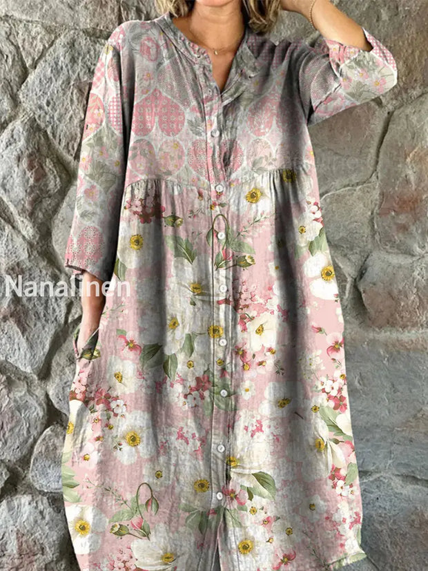 Retro Boho Floral Art Print Vintage Chic V-Neck Button Up Long Sleeve Midi Dress A / S