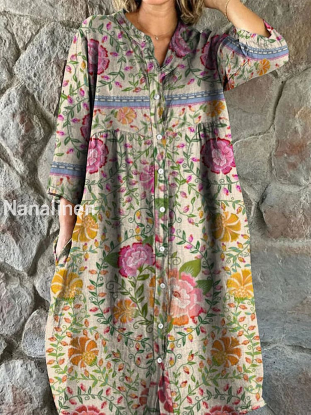 Retro Boho Floral Art Print Vintage Chic V-Neck Button Up Long Sleeve Midi Dress A / S