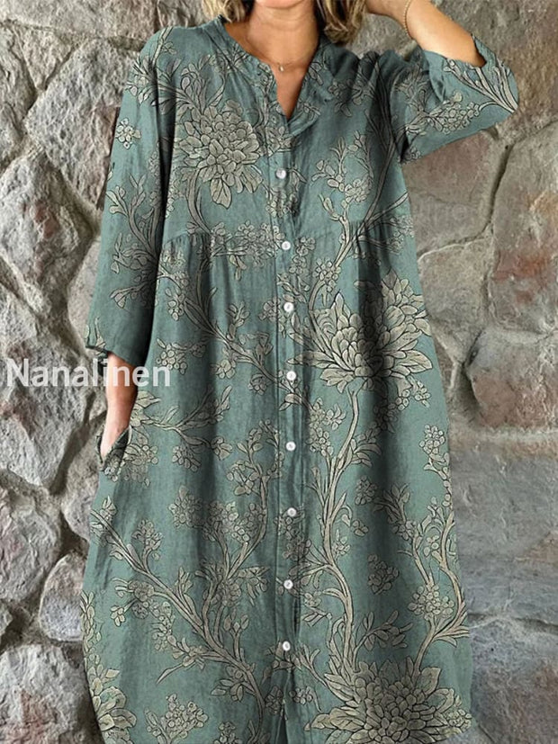 Retro Boho Floral Art Print Vintage Chic V-Neck Button Up Long Sleeve Midi Dress A / S