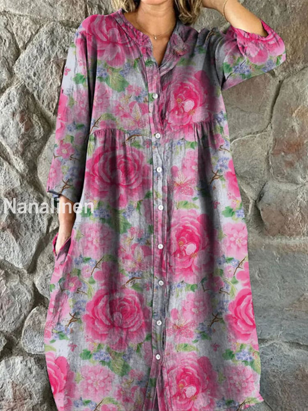 Retro Boho Floral Art Print Vintage Chic V-Neck Button Up Long Sleeve Midi Dress A / S