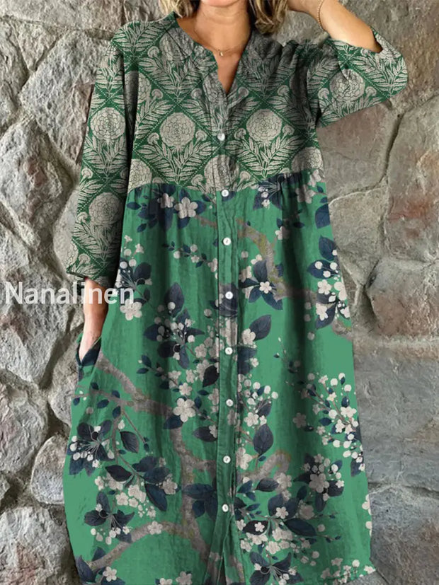 Retro Boho Floral Art Print Vintage Chic V-Neck Button Up Long Sleeve Midi Dress A / S