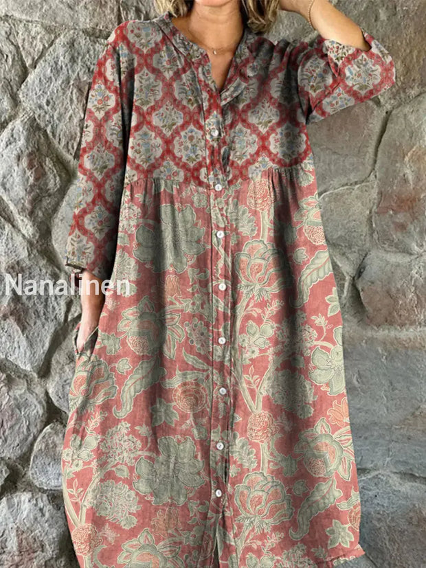 Retro Boho Floral Art Print Vintage Chic V-Neck Button Up Long Sleeve Midi Dress A / S